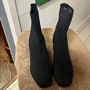 Eileen Fisher Ohm Stretch Boot Leather Fabric Black block heel  size 10. NWOB